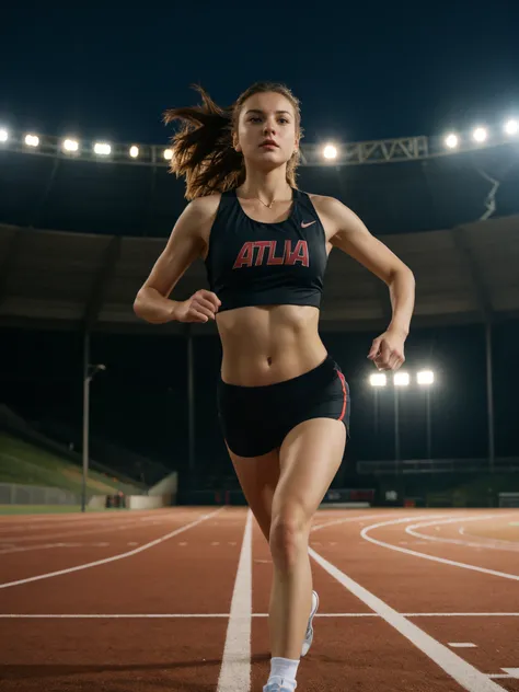 russian, beautiful mature college girl, ((athletic sports:1.2)), athletic sports wear, in stadium, track, ((a running figure)), very fast, motion blur, challenge, outside on track field, photorealistic, cinematic lighting, dark atmosphere, volumetric light...