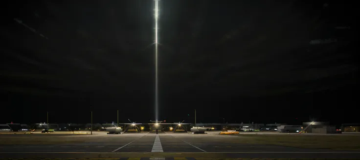 Generate a highly realistic AI image portraying a military airfield at night from a ground perspective. The focus should be on the illuminated runways, with runway lights casting a soft glow on the tarmac. Pay meticulous attention to details, including the...