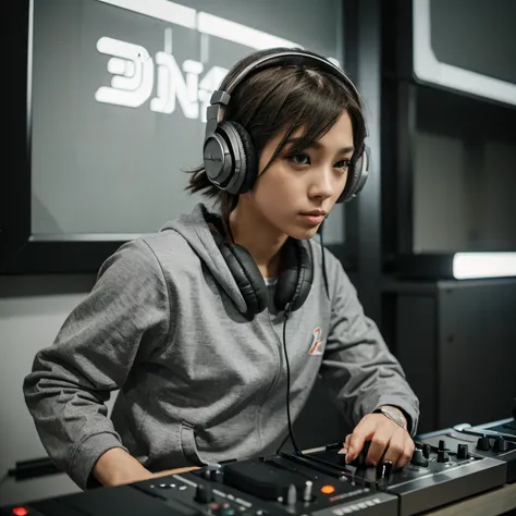 (Gray duck with headphones), (masterpiece), (anime style), (DJ)