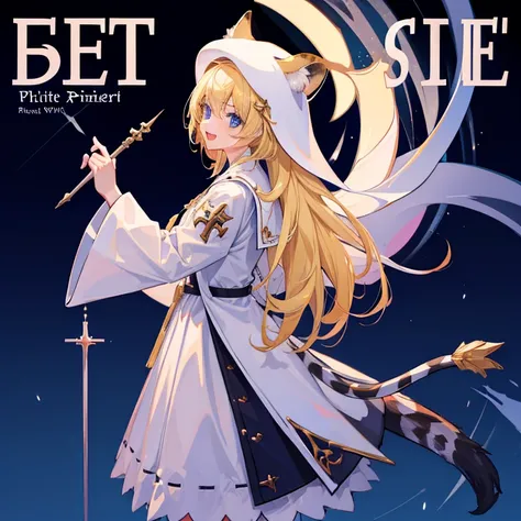 cinematic lighting, 8K, masterpiece, 1 girl, leopard, (tail:1.3), blonde hair, long hair, blue eyes BREAK (white priest clothes:1.2), tall hat, holding wand, standing, open mouth, smile, hand sign, from side, look at viewer, magazine cover style