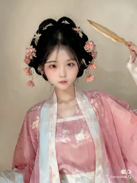 1 peach blossom demon，Under the peach blossom tree，pink gauze skirt，cropped shoulders，Antique coiled hair，No loose hair，Exquisite peach blossom hair accessories，Sweet smile wearing pink kimono、Couple holding fan and pink dress, Hanfu, Wearing ancient Chine...