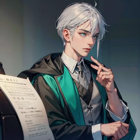 male people，Short silver-gray hair，Four or six points of hair，Wearing Hogwarts Slytherin clothes，Light gray eyes，cool guy，look over here，bust，Positive side face，Light，Ambient