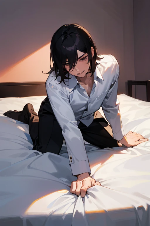 1 Boy, dark hair, white shirt, black slacks, on sheets,cool, (sexy:1.3), Fascinating, evil smile,(parted lips), pale skin,(background: on bed in bedroom), (Facing forward.:1.0),(Looking forward:1.0), Turn body to the front, sunset, high quality, high resol...