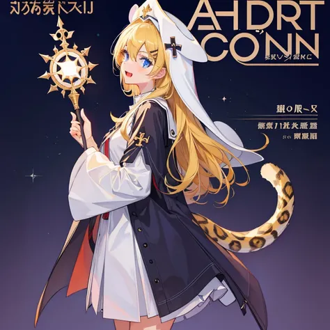 cinematic lighting, 8K, masterpiece, 1 girl, leopard, (tail:1.3), blonde hair, long hair, blue eyes BREAK (white priest clothes:1.2), tall hat, holding wand, standing, open mouth, smile, hand sign, from side, look at viewer, magazine cover style