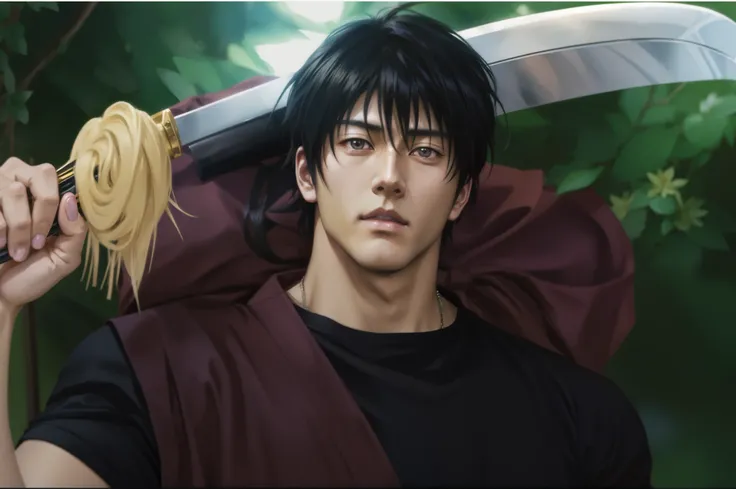 anime guy with a sword and a black shirt holding a hair brush, hijikata toushirou of gintama, anime realism style, made with anime painter studio, realistic anime artstyle, painted in anime painter studio, handsome guy in demon slayer art, realistic anime ...