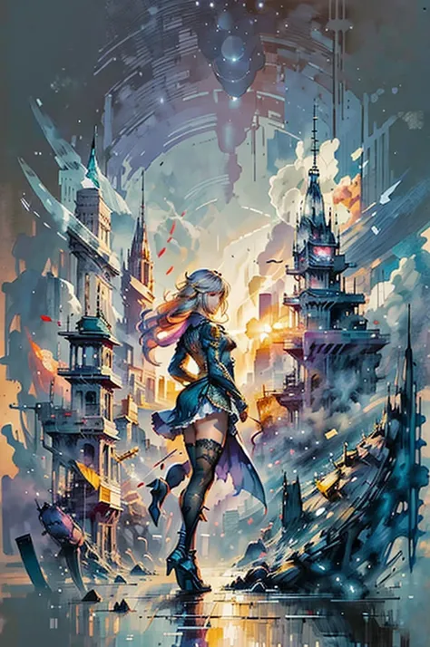 Highly detailed eyes、nase、Beautiful work々eyes and face、long eyeslashes、Beautifully dressed girl in two skirts、sexy  pose、Bright background、Night view of the city、Ultra-realistic studio light A mysterious atmosphere with rich colors、Awesome concept art、Alph...