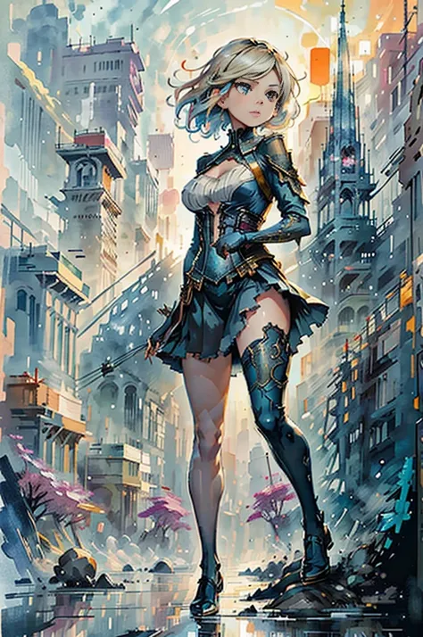 Highly detailed eyes、nase、Beautiful work々eyes and face、long eyeslashes、Beautifully dressed girl in two skirts、sexy  pose、Bright background、Night view of the city、Ultra-realistic studio light A mysterious atmosphere with rich colors、Awesome concept art、Alph...