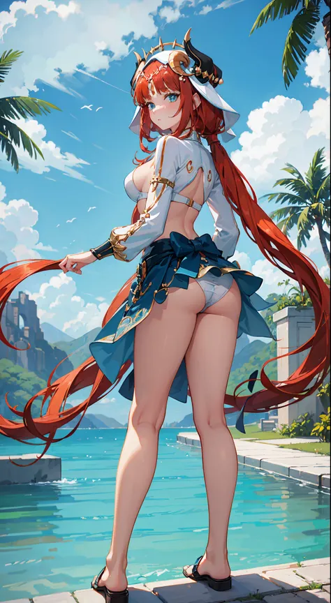 nilou, Red hair, Long hair, Blue eyes, gown, Skirt, Slim legs, Navel, Happy, cleavage, Bend over, Pool, sad, Lower breasts grab your butt
 (Panties, Panty Pose, up skirt:1.Correct foot, Looking back、stick your ass out