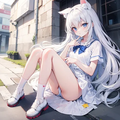 milky white furry，white  clothes，Haha, Such a cute face，This is a cute and sweet girl，Lots of sweat，Wipe sweat with your hands，Look at the feet，Wear socks，White tights，In the alley，Wear shoes，White shoes，tie shoelaces，