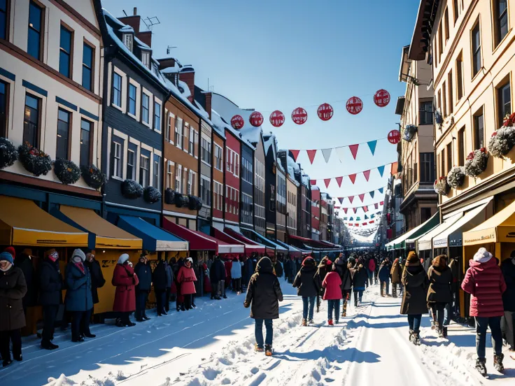 detailed, (masterpiece:1.2), town, (festival), (winter), day, (cheerful), (crowdy), lively, buildings, streets, (winter clothes), crowd, happy