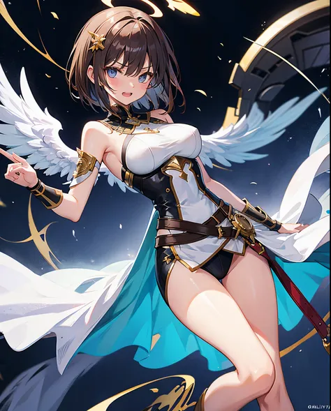 fantasy, 1angel_girl,child, loli,brown_hair, medium_bob_hair, long_bangs, halo,bare_shoulder,thighhighs,silver_armor, waist_armor, large_breasts,angry,grinning,open_mouth_teeth, 1pair_wings, dynamic_pose_fighting,floating, bare_crotch, headgear,gauntlet, g...