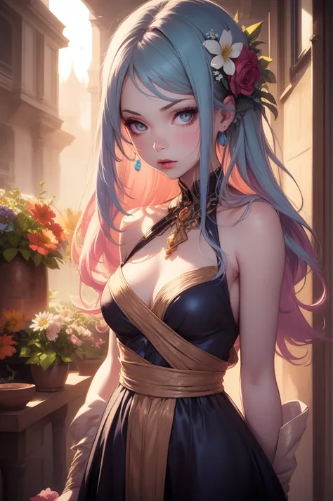 a girl with pastel hair and a complementary colored dress with flowers around her neck and shoulder, with a flowers in her hair, Charlie Bowater, stanley artgerm lau, a character portrait, fantasy art, (cartoon:1.3)