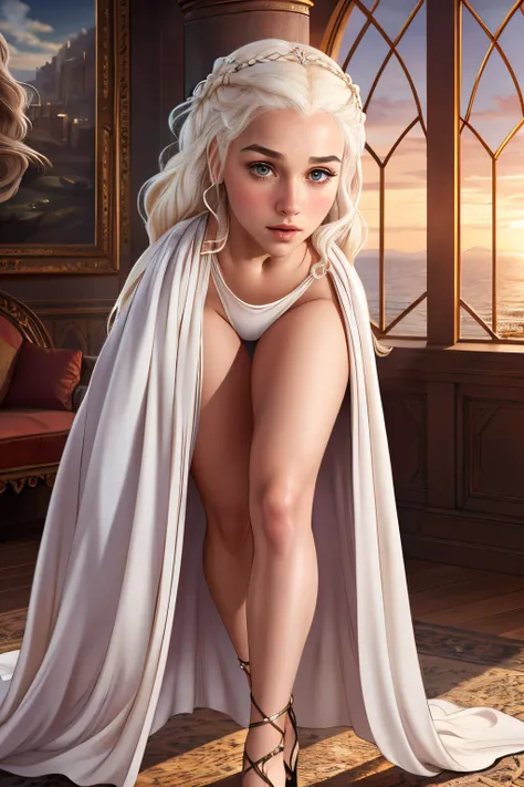 female dressed as daenerys targaryen, gorgeous, attractive, flirting, (((full body visible in costume))), looking at viewer, portrait, photography, detailed skin, realistic, photo-realistic, 8k, highly detailed, full length frame, High detail RAW color art...