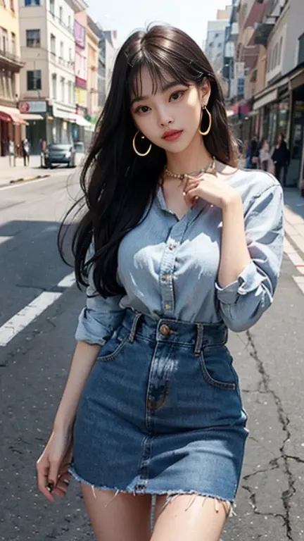 Beautuful Women、Posing in the middle of the street、Denim dresses，Skirts that hide the knees、Model-like body shape、A slender、Smooth feet、clong legs、de pele branca、4K picture quality、hiquality、Long hair on black、Patsun Bangs、big gold earrings、hoop earrings、v...