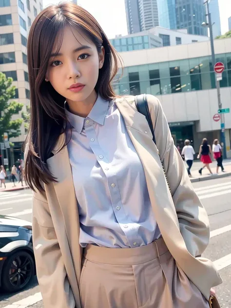 mix4, (RAW photogr),(Best quality at best), (realisticlying),( white backgrounid:1.2), ,,one-girl, Photo, frontage，Highly detailed face, deadpan,[ Brown black hair], XT3, beiges、Camel、High-waisted pants in a neutral color like silver or blue, Pair with a s...