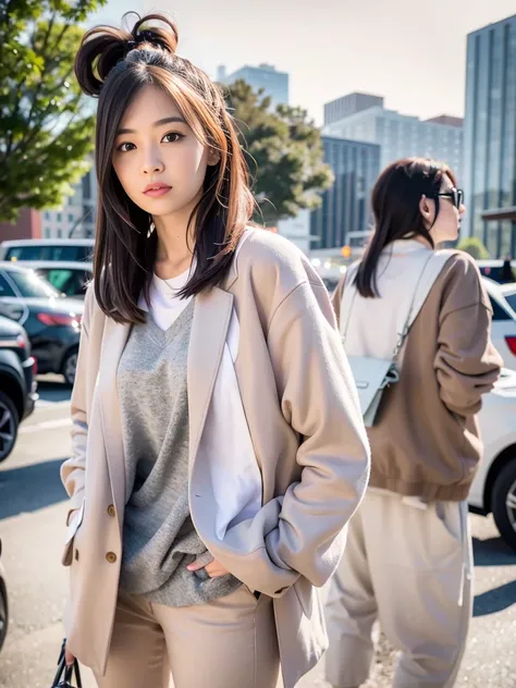 mix4, (RAW photogr),(Best quality at best), (realisticlying),( white backgrounid:1.2), ,,one-girl, Photo, frontage，Highly detailed face, deadpan,[ Brown black hair], XT3, beiges、Camel、High-waisted pants in a neutral color like silver or blue, Pair with a s...