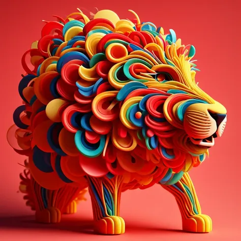 lion, minimalistic colorful organic forms, energy, assembled, layered, depth, alive vibrant, 3d, abstract, on a light red backgr...