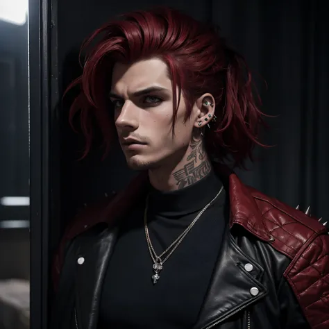 homem adulto com cabelo ruivo e piercings, swobretudo preto, messy spiked red hair, Miguel Mignogna, Retrato de um punk masculino, corte de cabelo tingido cyberpunk, Mignogna, Eldritchpunk, penteado vermelho moicano, Heath Clifford, Neonpunk, com cabelos r...