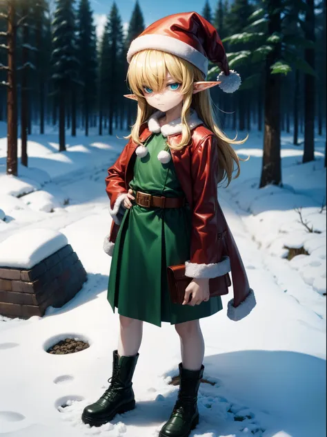 solo best quality, masterpiece, extremely detailed cg, extremely detailed 8k wallpaper, outdoors, snowy woods, christmas, elf gi...