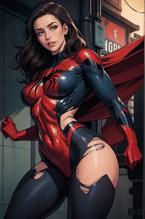 Jessica Alba、Sticking out the navel、newyork、She wears a torn Spider-Man suit,wearing skirt、 Red and black color scheme,Dynamic、​masterpiece、top-quality、ultra-detailliert、ighly detailed、beautiful detailed brilliance、超A high resolution