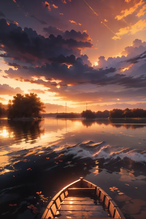 generate a empty row boat on a quiet lake during sunset.  Let the sun hit the water wide shot