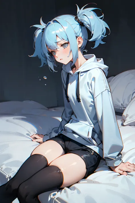 1 girl, short light blue hair with pigtails, gray light hoodie, black shorts, black thigh highs, small breast, small butt, sad and tired expresion