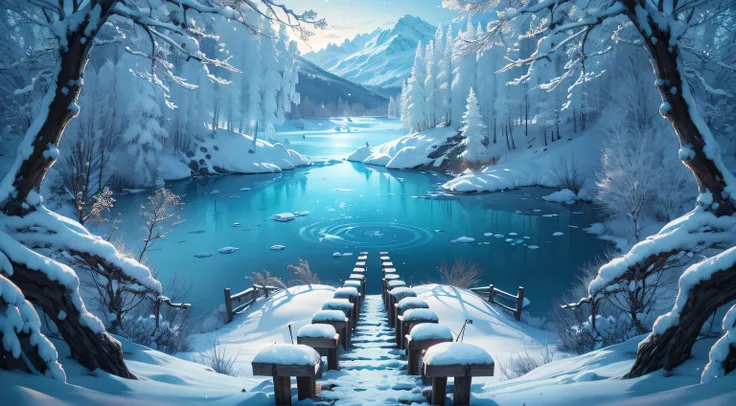 (Best quality at best,4K,8K,A high resolution,tmasterpiece:1.2),ultra - detailed,actual:1.37,A cold night,Winter wonderland,Frozen lake,Glowing arcs sparkle on the frozen lake,Metal light chain,Detailed snow covered trees and mountains,Fantastic atmosphere...