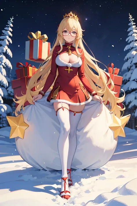 "anime girl, 1 person, bright blonde hair, glasses, crown on head, santa shirt, santa suit, winter suit, winter dress, red dress, big breasts, stockings, standing  cross legs, character perspective, snowfall, christmas gift box, christmas, solo, (full HD 4...