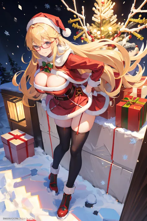 "anime girl, 1 person, bright blonde hair, glasses, crown on head, santa shirt, santa suit, winter suit, winter dress, red dress, big breasts, stockings, standing  cross legs, character perspective, snowfall, christmas gift box, christmas, solo, (full HD 4...