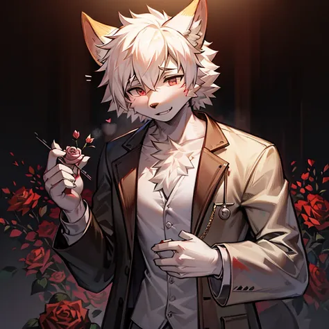 male dog ears，shaggy，White hair，the doctor，The thin white surgical gown was stained with blood，holding rose in hand，the only person