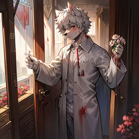 male dog ears，shaggy，White hair，the doctor，The thin white surgical gown is open，Clothes stained with blood，Holding a bloody flower in hand，the only person