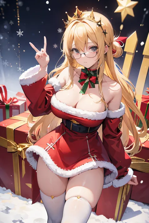 "anime girl, 1 person, bright blonde hair, glasses, crown on head, santa shirt, santa suit, winter suit, winter dress, red dress, big breasts, stockings, standing  cross legs, character perspective, snowfall, christmas gift box, christmas, solo, (full HD 4...