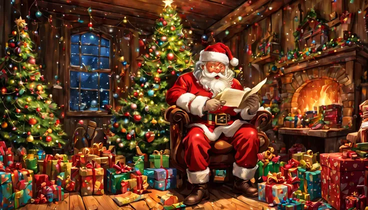 Em uma casa de estilo europeu,Santa Claus is looking at the gift list,Gift decoration christmas tree, Santa, cada,tordo,Elementos natalinos,Estilo Europeu,The floor is full of Christmas presents,Very high resolution, arte tradicional, Santas Studio, ultrah...
