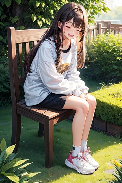 1girl, smiling, long brown hair, blushing, sitting on a chair, oversized white clothes, black shorts, sneakers, garden background, closed eyes, wolf haircut