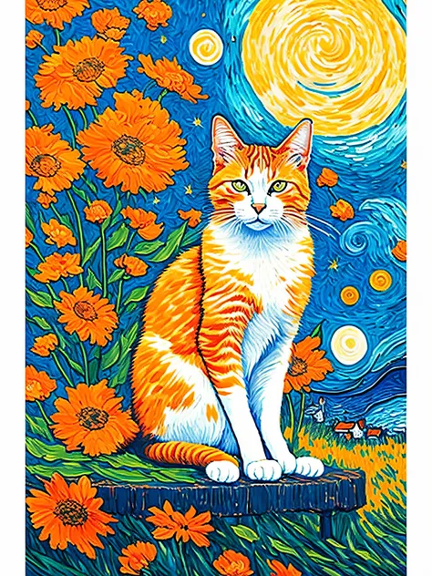 A cat sitting on a flower surface，Painting with full moon as background, van gogh art style, A painting of a cat, Orange cat, drawing of a cat, Van Gogh style, Vincent van Gogh style, ginger cat, in cat drawings, Van Gogh style, oil painting of cat, the ca...