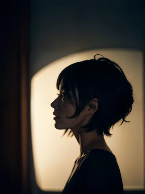 one-girl, short hair, deep dark background, contre-Jour, side view