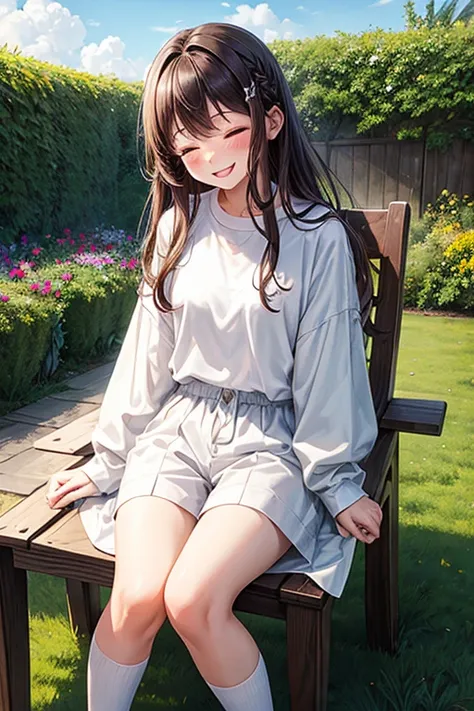 1girl, smiling, long brown hair, blushing, sitting on a chair, oversized white clothes, black shorts, sneakers, garden background, closed eyes, wolf haircut