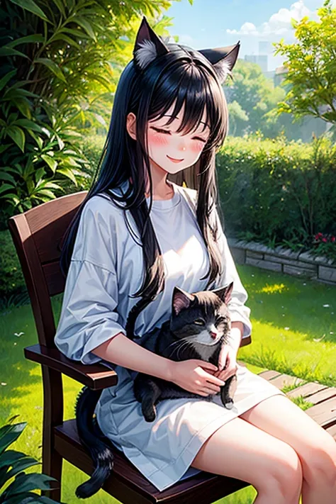 1girl, smiling, long black hair, blushing, sitting on a chair, oversized white clothes, black shorts, sneakers, garden background, closed eyes, wolf haircut, patting a cat on her lap