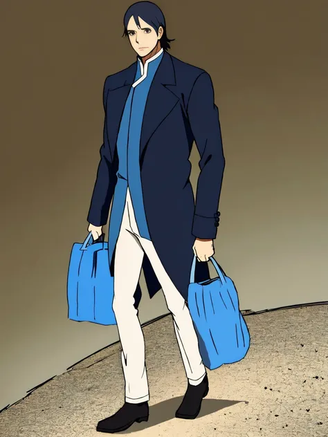 A tall boy walking with a heavy Blue bag marching towards a hill,anime style,brown boy, wearing a black jacket,white trouser