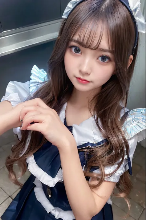 Angelic Very beautiful cute young girl, 
Beautiful detailed eyes, 
Detailed double eyelids, 
(Large eyes:1.3), 
Long straight brown hair, 
see-through bangs, 
beautiful detailed face and eyes, 
smiling, 
BREAK 
 (super shiny metallic dark blue sailor high ...