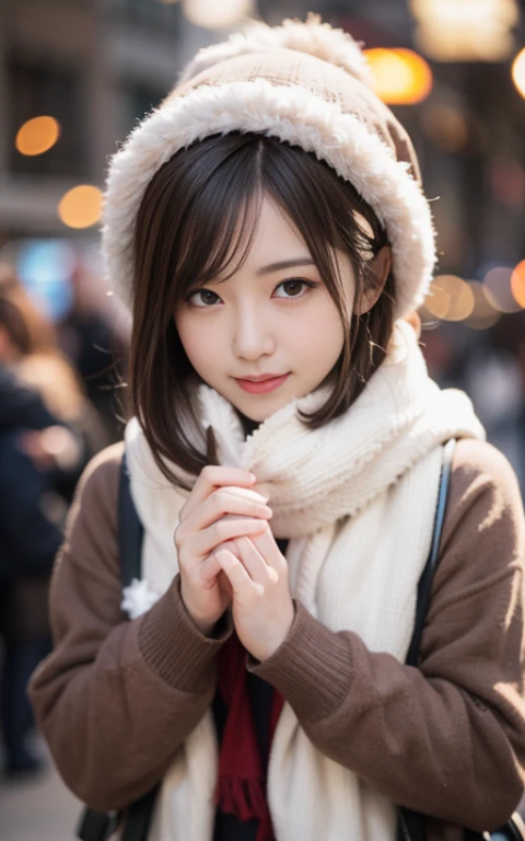 Cute 21 years old Japan、shopping、natta、nighttime scene、Christmas、date、Super Detail Face、Eye of Detail、二重まぶた、beautiful thin nose、foco nítido:1.2、prety woman:1.4、(light brown hair,short-haired、),fair white skin、top-quality、​masterpiece、超A high resolution、(Ph...