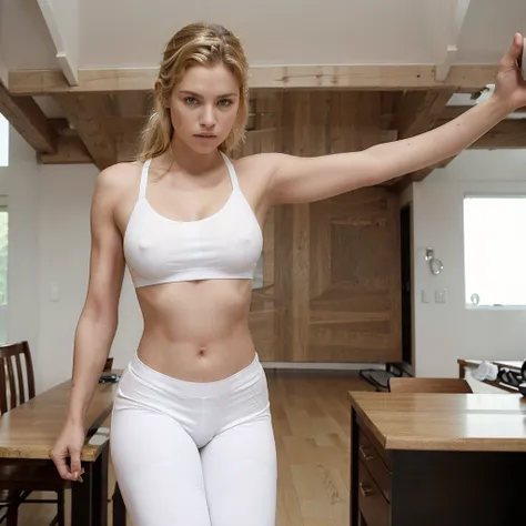 Female supermodel does squats. Wears white sports bra and leggings