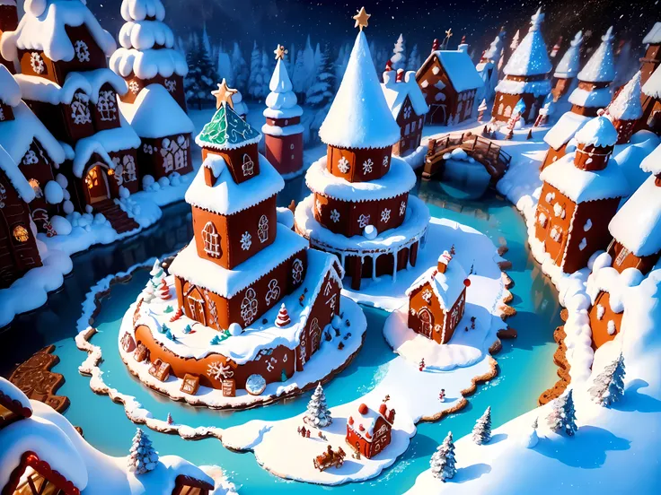 (epic cartoon drawing:1.3), breathtaking winter (wonderland) where the ((landscape is made entirely of cookies)), towering cookie mountains with delicate icing patterns that glisten in the soft light, tall cookie trees with branches covered in dusting of p...