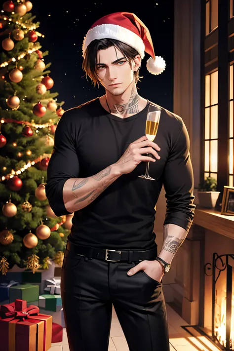 homem de cabelos e olhos pretos, wearing a black shirt with the sleeves rolled up and black pants, a red santa claus hat on his ...