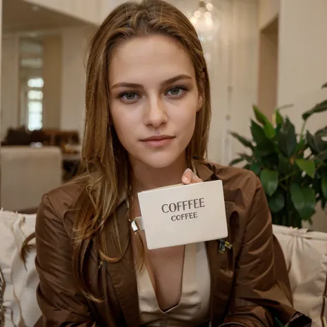 Female supermodel types on a notebook while drinking a cup of coffee