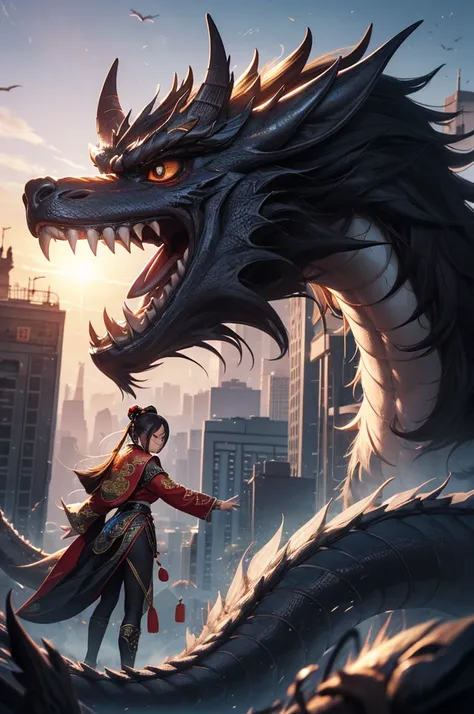 (Chinese fantasy Q version style: 1.5) Cute Chinese dragon and lion, big eyes, small body (bright colors). The design of the mascot incorporates elements of the future city, and the dragon presents a technological  scene. Among the high-rise buildings in t...