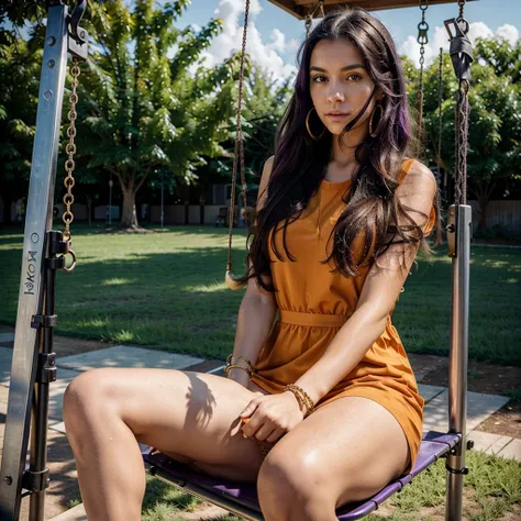 ((only one girl)), ((one girl)), Hanna, a 21 year old girl, 1.70 meters tall, weighs 49 kg, has very long and straight dark purple hair, has big green eyes, wears gold earrings and bracelets , sitting on the swing in a playground, wearing an orange dress a...