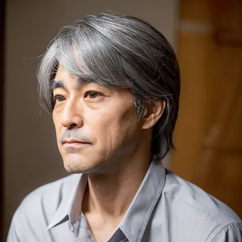 (Second photo of a typical Japanese middle-aged man)(light skinned)(Afro hair with some gray hair mixed in with black hair)(raised triangular eyebrows)(High nasal muscles)(Gentle slanted eyes)(Large mouth)