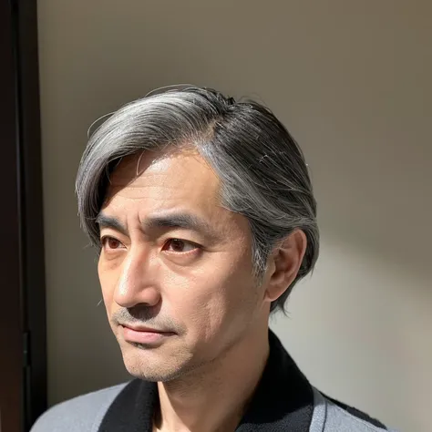 (Second photo of a typical Japanese middle-aged man)(light skinned)(Afro hair with some gray hair mixed in with black hair)(raised triangular eyebrows)(High nasal muscles)(Gentle slanted eyes)(Large mouth)