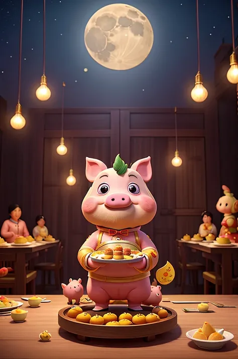 Moon Mid-Autumn Festival Reunion Dinner Cute Piggy holding a tray of cakes